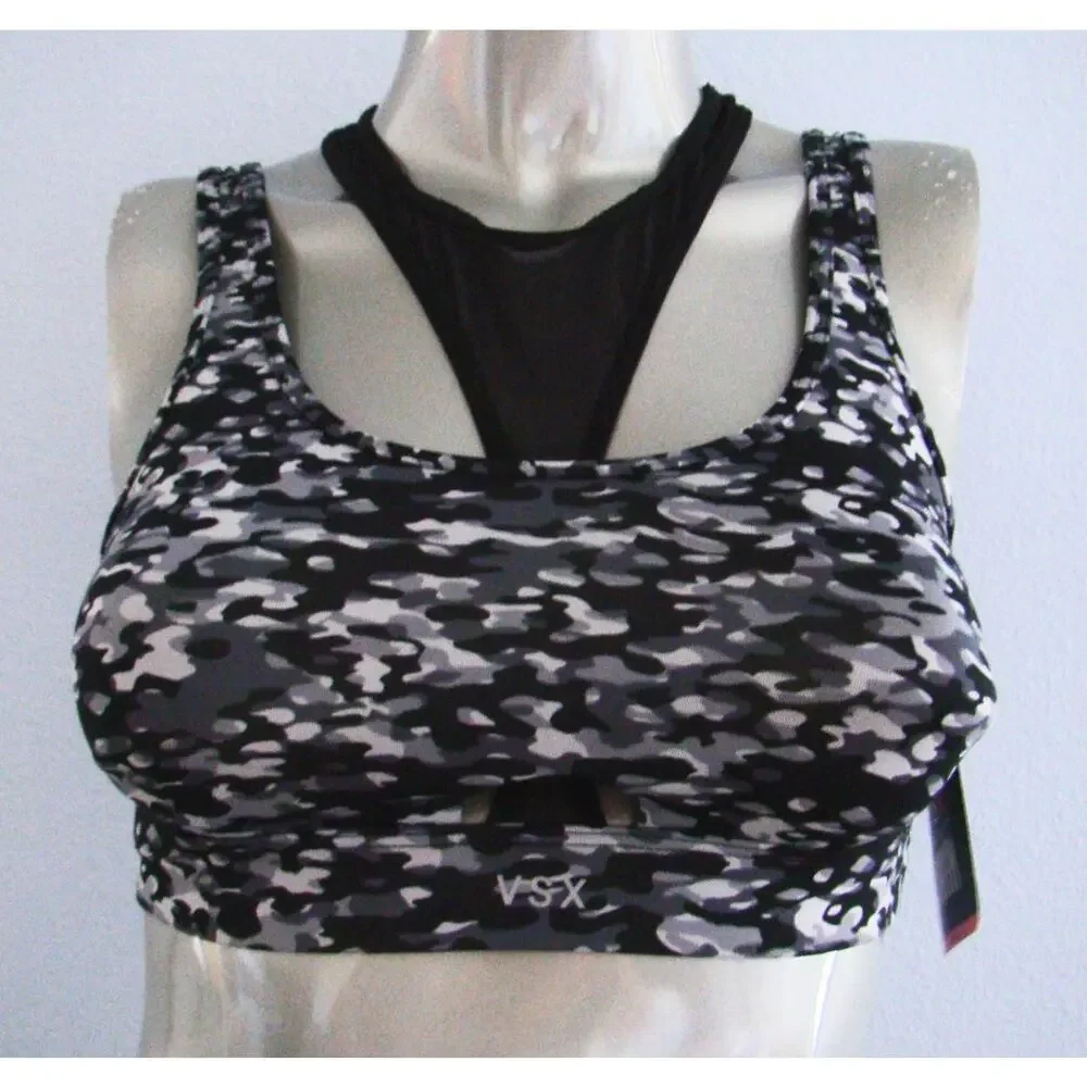 VSX Victoria's Secret Camo Black High Neck Mesh Layered Sport Sports Bra